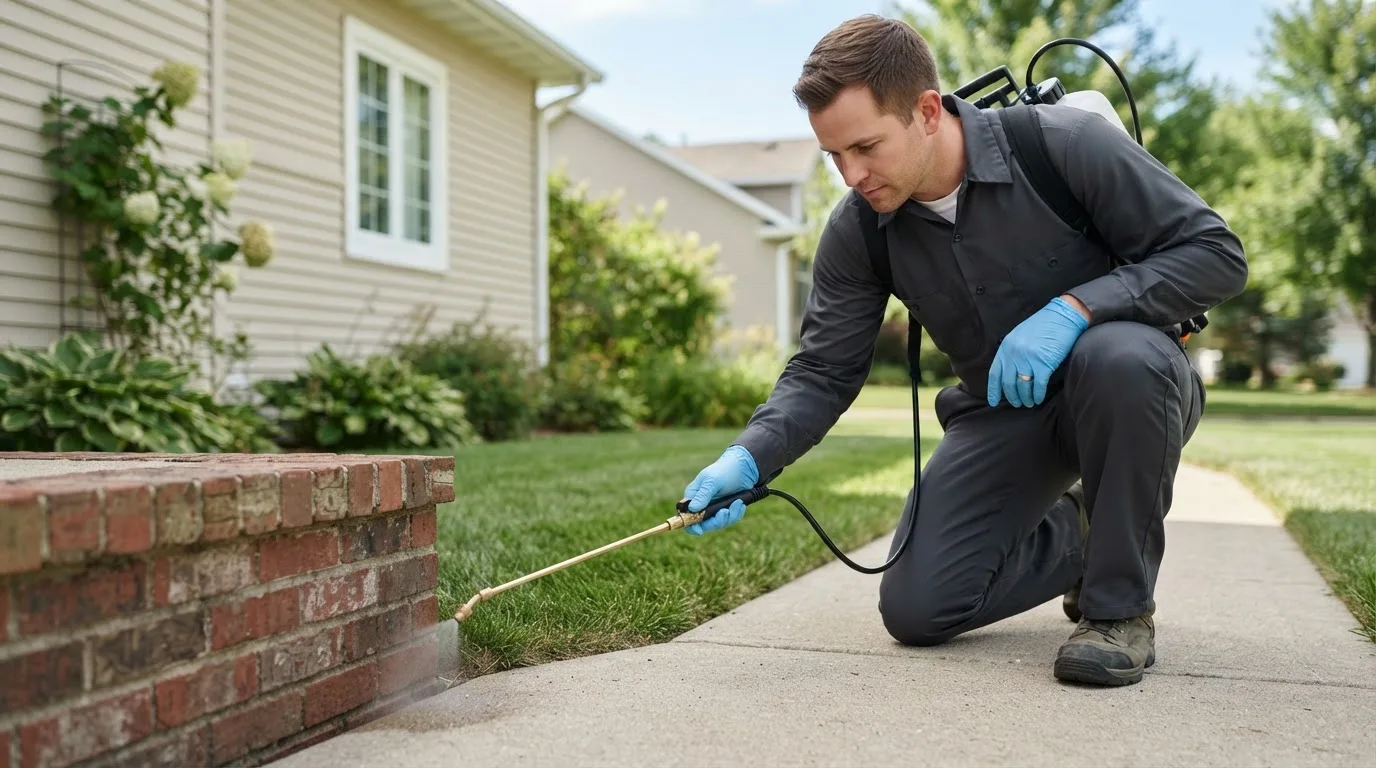 Pest control technician treating a home near Rutland, IA