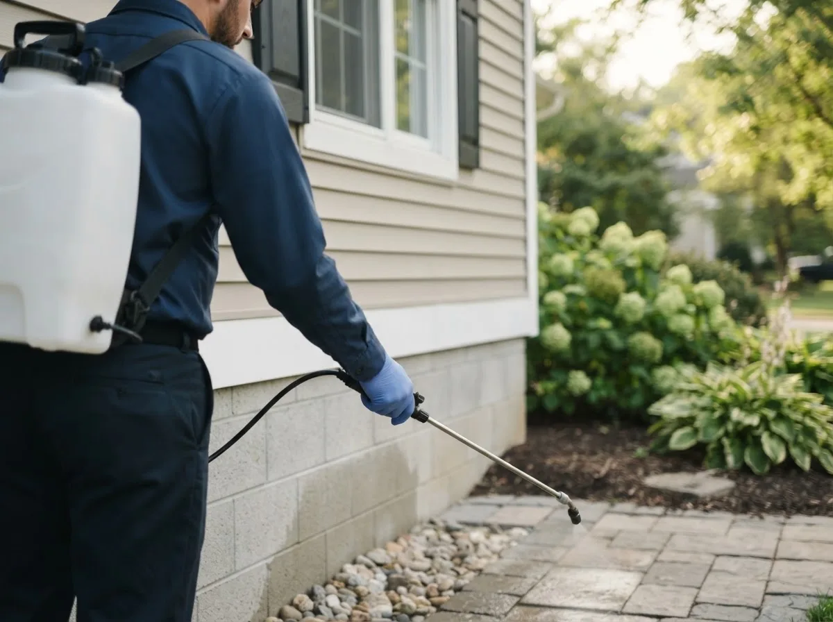 Pest control technician inspecting a home in Rutland, IA